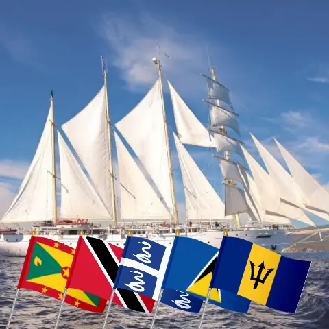 Cruise in the Eastern Caribbean from St. George`s aboard Star Clipper ship with visits to Grenada, Trinidad and Tobago, Saint Vincent and the Grenadines, Martinique, Saint Lucia, and Barbados for 12 days