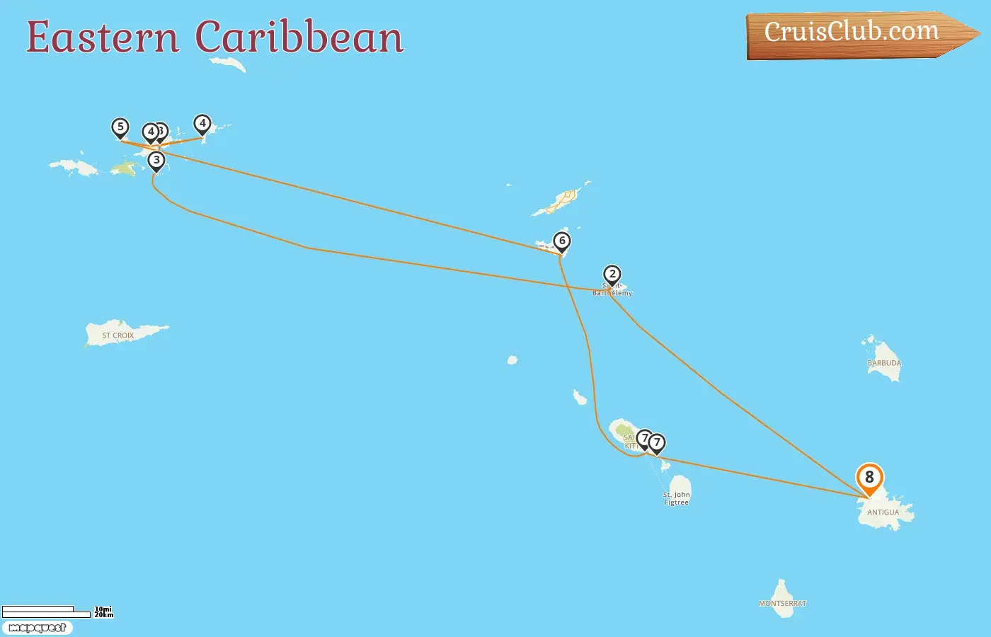 Cruise in the Eastern Caribbean from St. John`s aboard Star Clipper ship with visits to Saint Barthélemy, British Virgin Islands, and Saint Kitts and Nevis for 8 days
