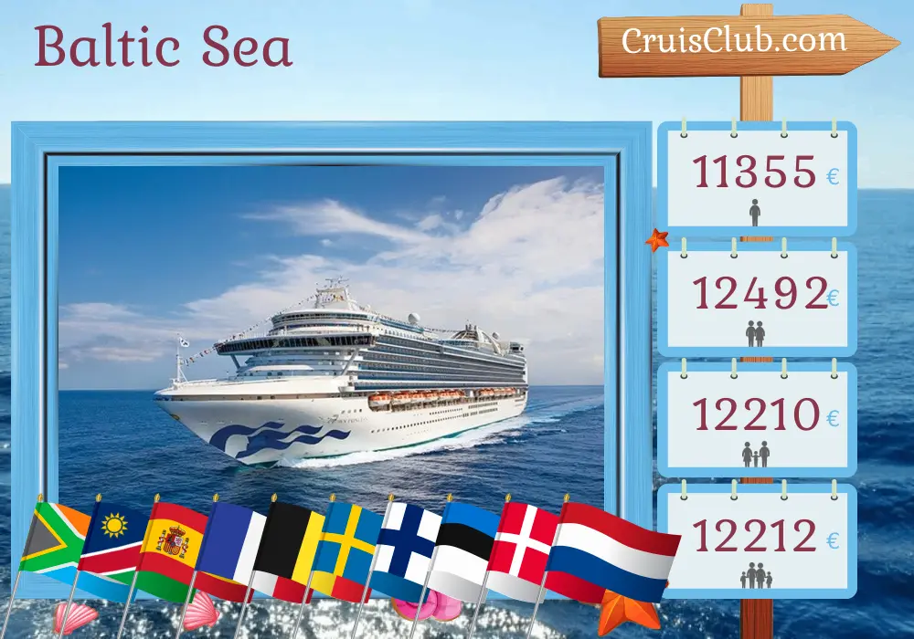 Cruise in the Baltic Sea from Cape Town to Dover aboard Crown Princess ship with visits to South Africa, Namibia, Spain, Morocco, France, Belgium, Poland, Sweden, Finland, Estonia, Denmark, and Netherlands for 34 days