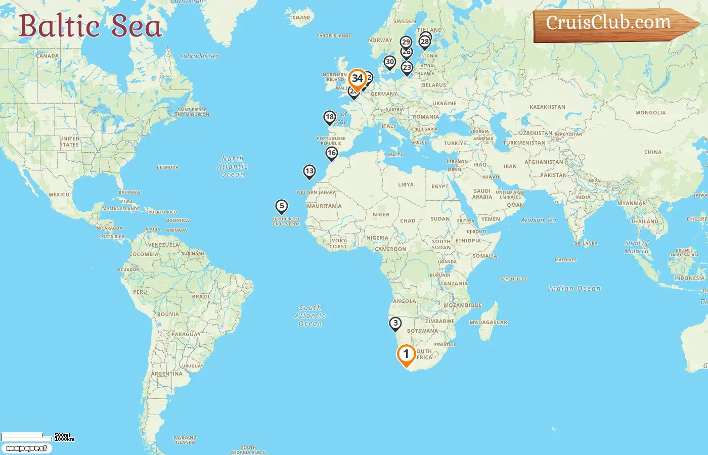 Cruise in the Baltic Sea from Cape Town to Dover aboard Crown Princess ship with visits to South Africa, Namibia, Spain, Morocco, France, Belgium, Poland, Sweden, Finland, Estonia, Denmark, and Netherlands for 34 days