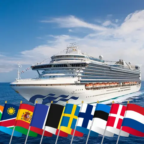 Cruise in the Baltic Sea from Cape Town to Dover aboard Crown Princess ship with visits to South Africa, Namibia, Spain, Morocco, France, Belgium, Poland, Sweden, Finland, Estonia, Denmark, and Netherlands for 34 days