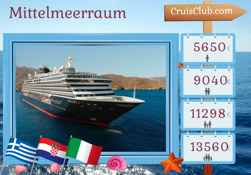 Kreuzfahrt im Mittelmeer von Piräus nach Fusina an Bord des Schiffes EXPLORA II mit Stops in Griechenland, Kroatien und Italien für 8 Tage
