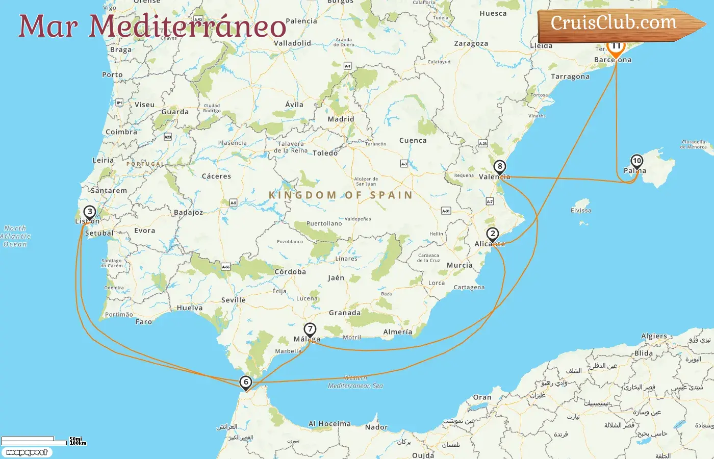 Crucero en el Mediterráneo desde Barcelona a bordo del barco EXPLORA I con visitas a España y Marruecos durante 11 días