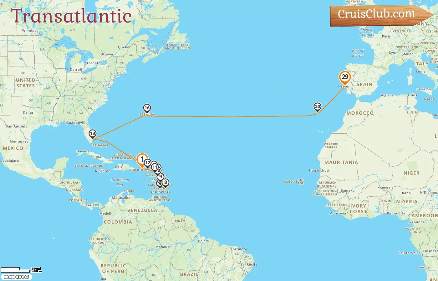 Cruise in the Transatlantic from Saint John to Lisbon aboard Silver Ray ship with visits to Puerto Rico, Saint Barthélemy, Saint Vincent and the Grenadines, Saint Lucia, Barbados, Guadeloupe, Saint Kitts and Nevis, USA, and Bermuda for 29 days