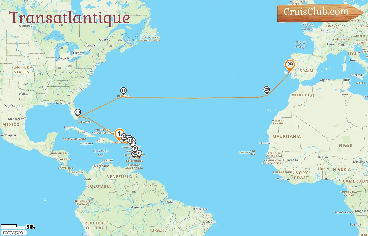 Croisière Transatlantique de Saint John à Lisbonne à bord du navire Silver Ray avec des visites à Porto Rico, Saint-Barthélemy, Saint-Vincent et les Grenadines, Sainte-Lucie, la Barbade, la Guadeloupe, Saint-Christophe-et-Niévès, les États-Unis et les Bermudes pendant 29 jours