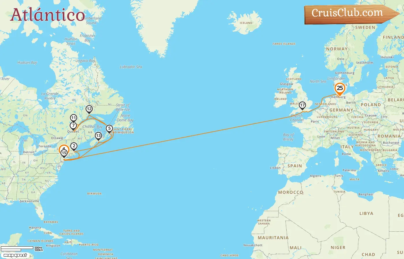 Crucero Transatlántico de Nueva York a Hamburgo a bordo del barco Queen Mary 2 con visitas a EE. UU., Canadá y Alemania por 25 días