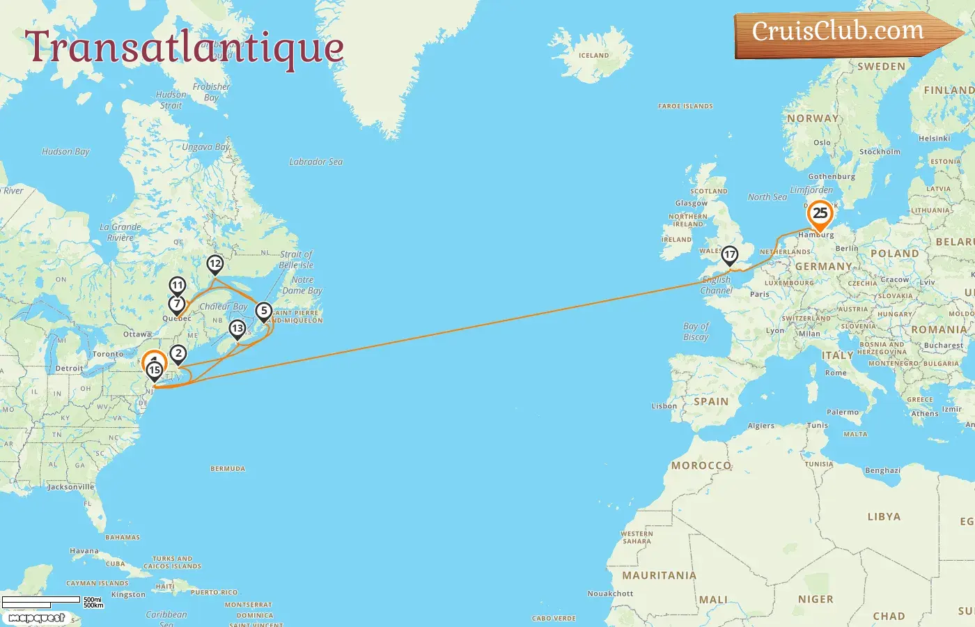 Croisière transatlantique de New York à Hambourg à bord du Queen Mary 2 avec des escales aux États-Unis, au Canada et en Allemagne pendant 25 jours