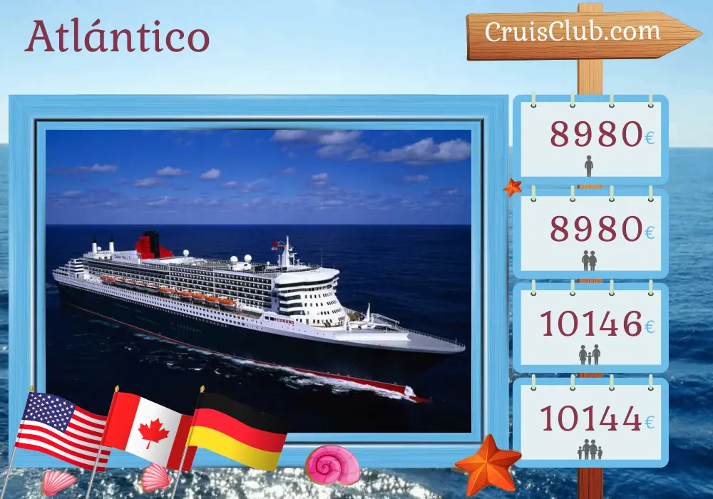 Crucero Transatlántico de Nueva York a Hamburgo a bordo del barco Queen Mary 2 con visitas a EE. UU., Canadá y Alemania por 25 días