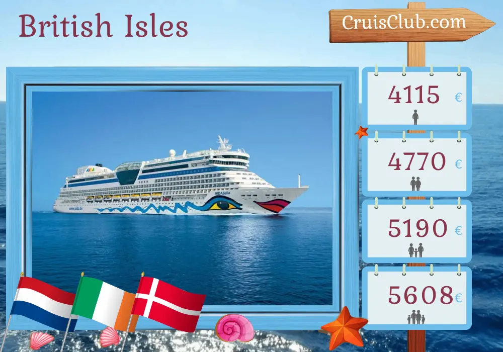 Cruise in the British Isles from Kiel aboard AIDAbella ship with visits to Netherlands, Ireland, and Denmark for 15 days