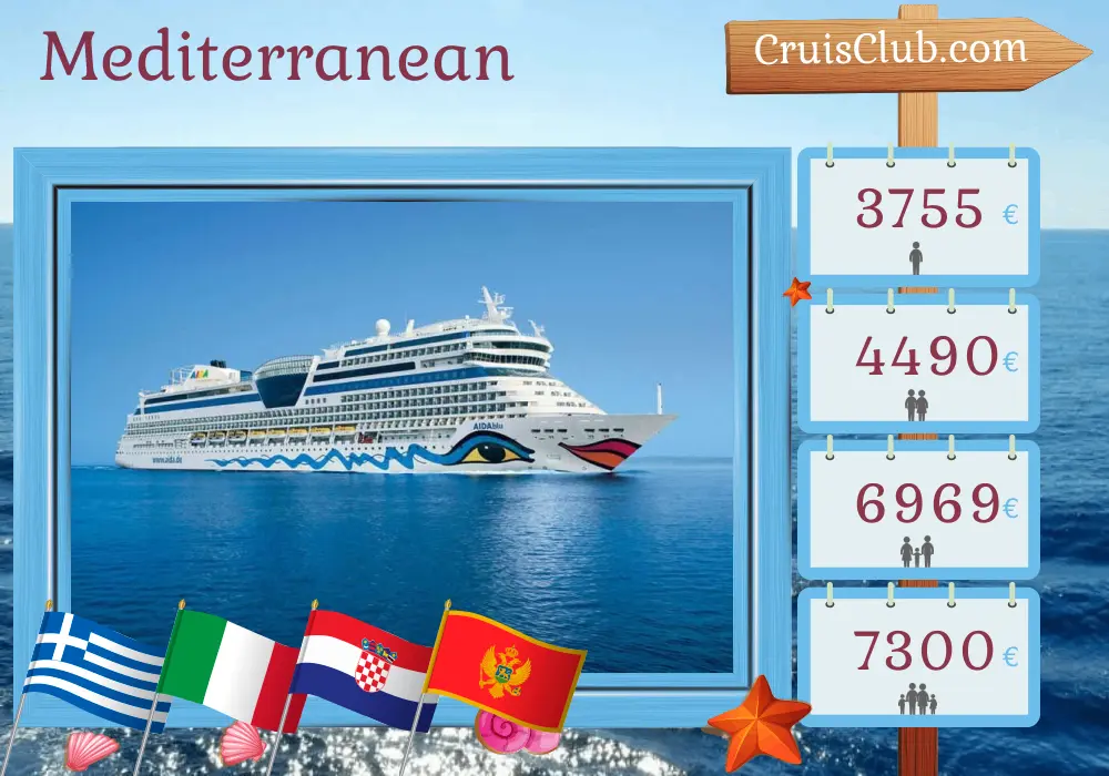 Cruise in the Mediterranean from Corfu aboard AIDAblu ship with visits to Greece, Italy, Croatia, Montenegro, and Turkey for 15 days