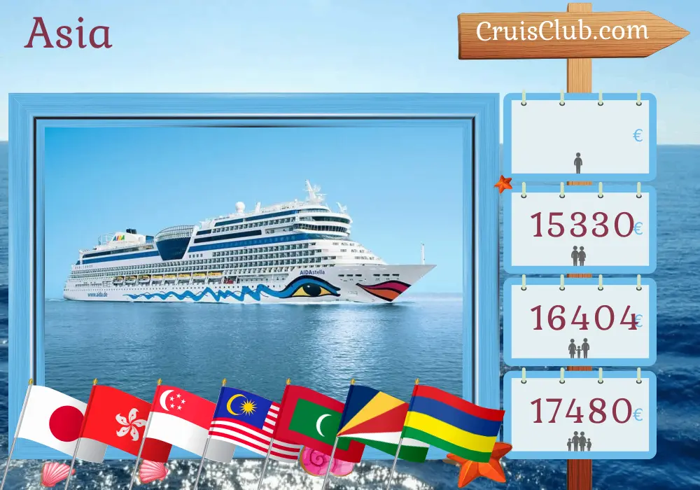 Crucero en Asia desde Yokohama hasta Port Louis a bordo del barco AIDAstella con visitas a Japón, Taiwán, Hong Kong, Vietnam, Singapur, Malasia, Sri Lanka, Maldivas, Seychelles y Mauricio durante 37 días