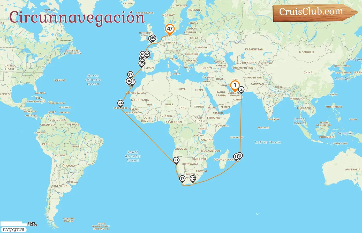 Crucero por el mundo desde Abu Dabi a Hamburgo a bordo del barco AIDAprima con visitas a Emiratos Árabes Unidos, Omán, Mauricio, Reunión, Sudáfrica, Namibia, España y Alemania durante 47 días