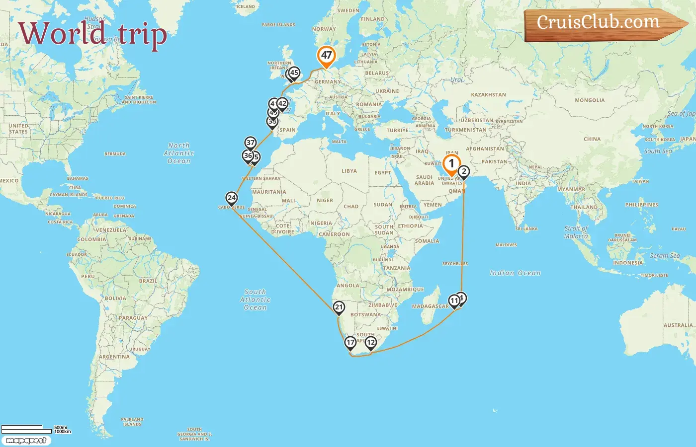 Cruise in the World trip from Abu Dhabi to Hamburg aboard AIDAprima ship with visits to United Arab Emirates, Oman, Mauritius, Réunion, South Africa, Namibia, Spain, and Germany for 47 days