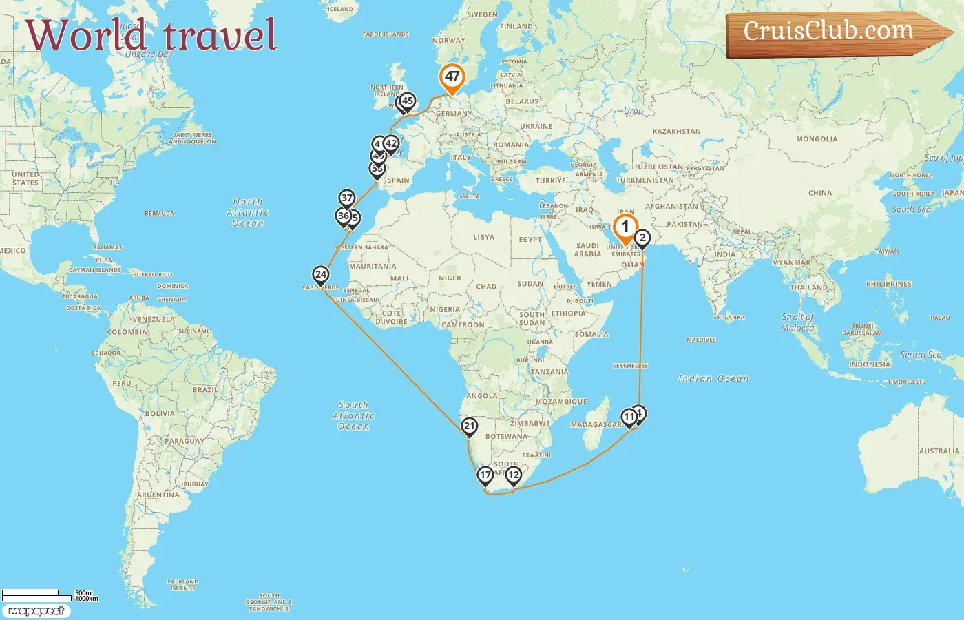 Kreuzfahrt "Weltreise" von Abu Dhabi nach Hamburg an Bord des Schiffes AIDAprima mit Besuchen in den Vereinigten Arabischen Emiraten, Oman, Mauritius, Réunion, Südafrika, Namibia, Spanien und Deutschland für 47 Tage