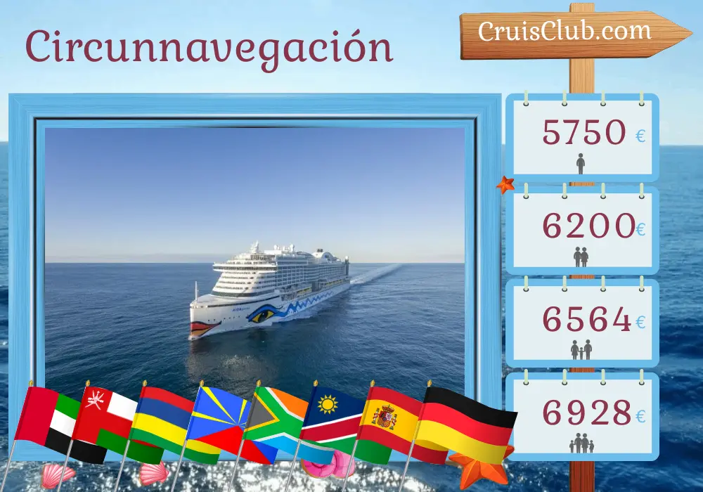 Crucero por el mundo desde Abu Dabi a Hamburgo a bordo del barco AIDAprima con visitas a Emiratos Árabes Unidos, Omán, Mauricio, Reunión, Sudáfrica, Namibia, España y Alemania durante 47 días