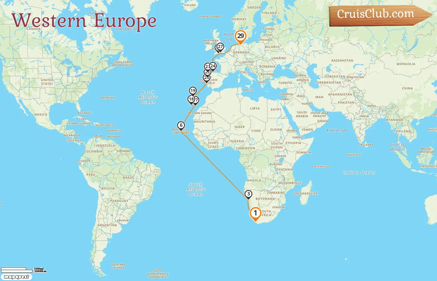 Cruise in the Western Europe from Cape Town to Hamburg aboard AIDAprima ship with visits to South Africa, Namibia, Spain, and Germany for 29 days