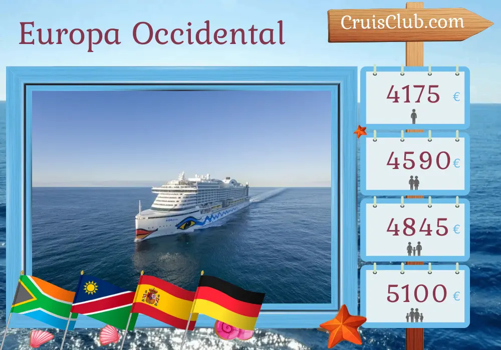 Crucero por Europa Occidental desde Ciudad del Cabo hasta Hamburgo a bordo del barco AIDAprima con visitas a Sudáfrica, Namibia, España y Alemania durante 29 días