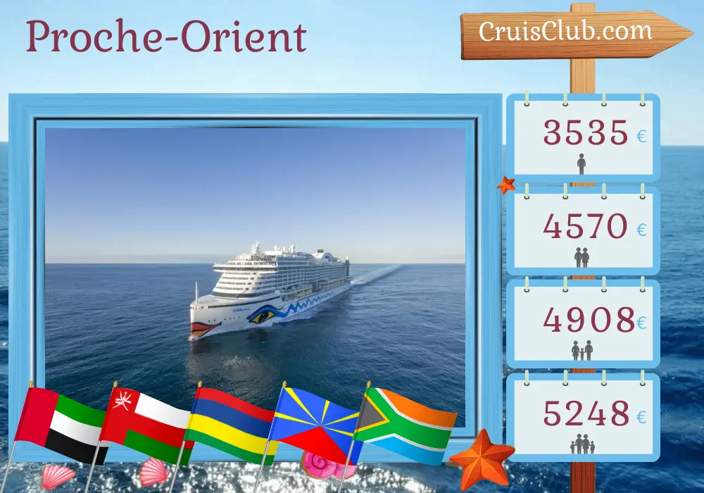 Croisière au Moyen-Orient de Dubaï au Cap à bord du navire AIDAprima avec escales aux Émirats arabes unis, en Oman, à l`île Maurice, à La Réunion et en Afrique du Sud pendant 20 jours