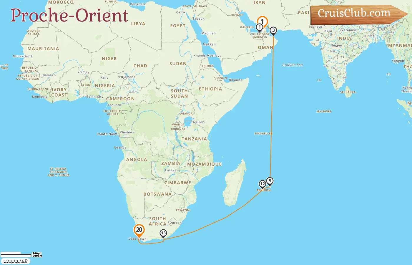 Croisière au Moyen-Orient de Dubaï au Cap à bord du navire AIDAprima avec escales aux Émirats arabes unis, en Oman, à l`île Maurice, à La Réunion et en Afrique du Sud pendant 20 jours
