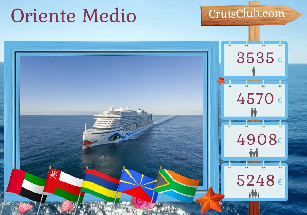 Crucero en el Medio Oriente de Dubai a Ciudad del Cabo a bordo del barco AIDAprima con visitas a Emiratos Árabes Unidos, Omán, Mauricio, Reunión y Sudáfrica durante 20 días