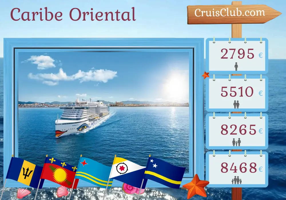 Cruzeiro no Caribe Oriental a partir de Bridgetown a bordo do navio AIDAperla com visitas a Barbados, São Vicente e Granadinas, Guadalupe, Aruba e Curaçao por 15 dias