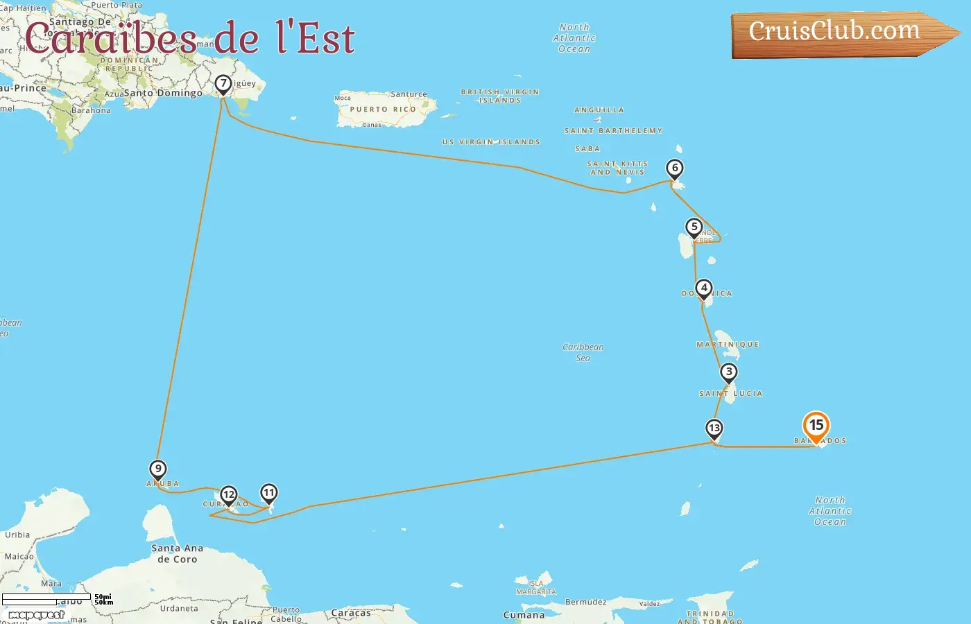 Croisière dans les Caraïbes orientales au départ de Bridgetown à bord du navire AIDAperla avec des escales à la Barbade, Saint-Vincent-et-les-Grenadines, la Guadeloupe, Aruba et Curaçao pendant 15 jours