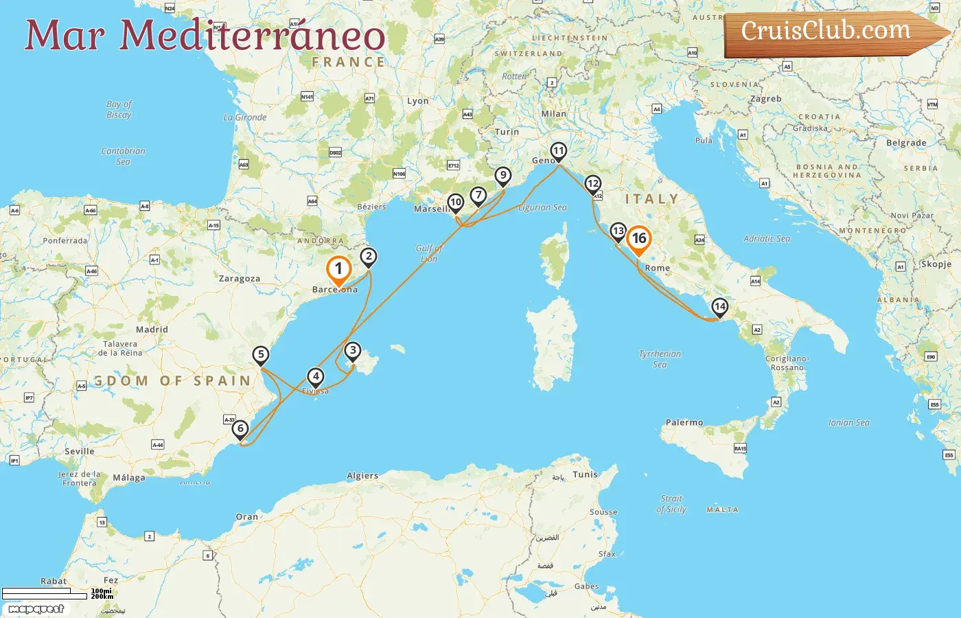 Crucero por el Mediterráneo de Barcelona a Civitavecchia a bordo del barco Silver Ray con visitas a España, Francia, Mónaco e Italia durante 16 días