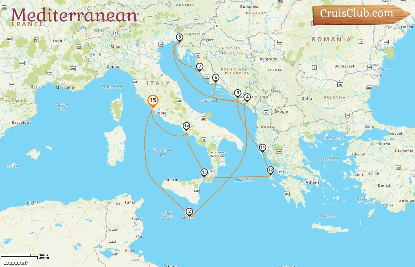 Cruise in the Mediterranean from Civitavecchia aboard Queen Elizabeth ship with visits to Italy, Malta, Montenegro, Croatia, and Greece for 15 days