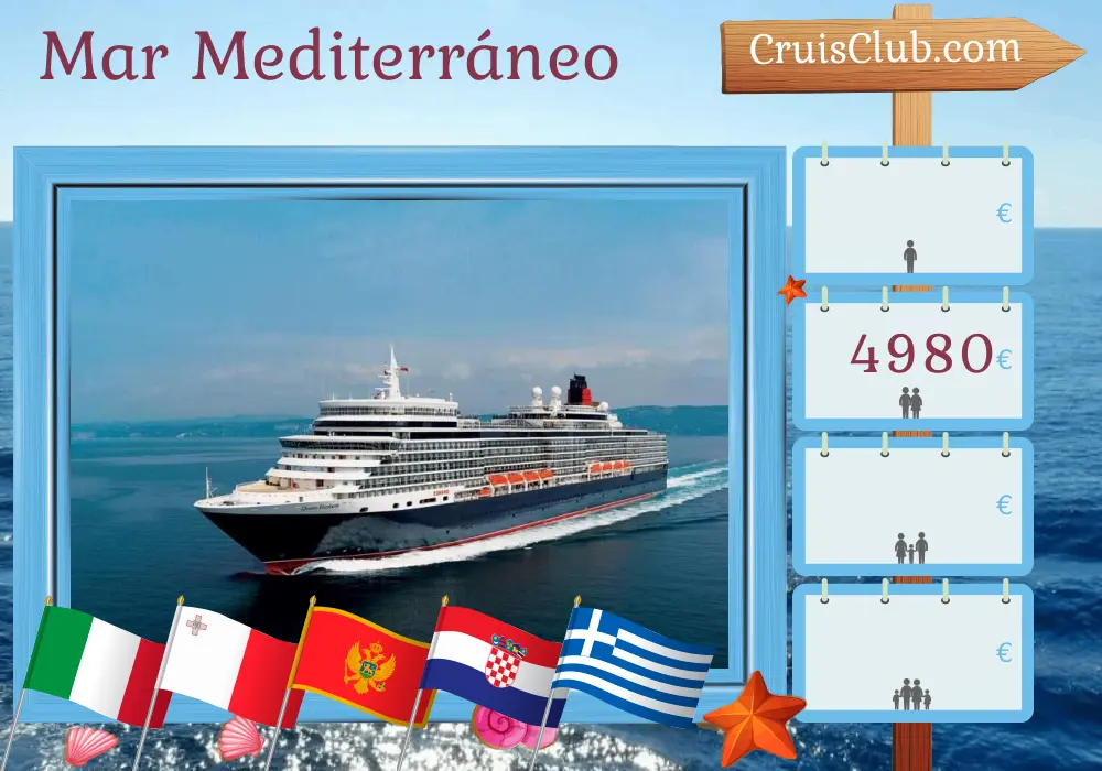 Crucero por el Mediterráneo desde Civitavecchia a bordo del barco Queen Elizabeth con visitas a Italia, Malta, Montenegro, Croacia y Grecia por 15 días