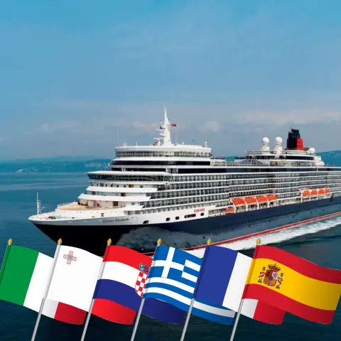 Cruise in the Mediterranean from Civitavecchia to Barcelona aboard Queen Elizabeth ship with visits to Italy, Malta, Croatia, Greece, France, and Spain for 22 days