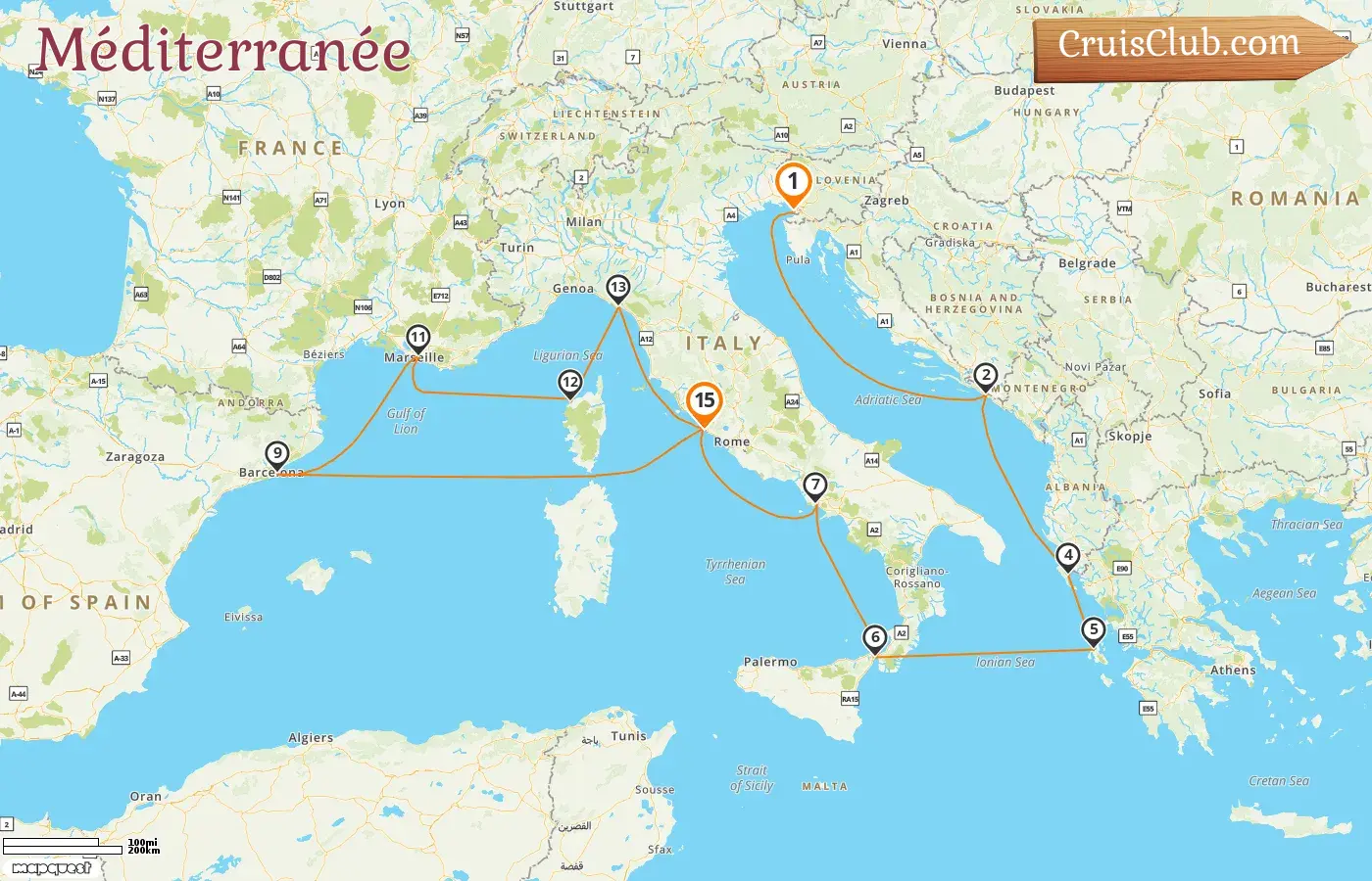 Croisière en Méditerranée de Trieste à Civitavecchia à bord du navire Queen Elizabeth avec des visites en Italie, en Croatie, en Grèce, en Espagne et en France pendant 15 jours