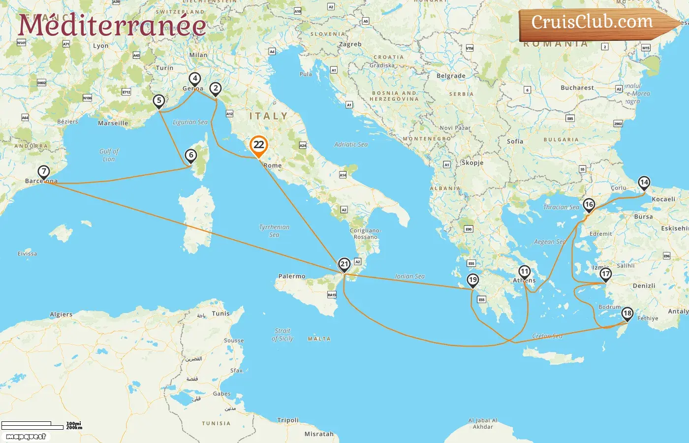 Croisière en Méditerranée au départ de Civitavecchia à bord du navire Queen Elizabeth avec des visites en Italie, en France, en Espagne, en Grèce et en Turquie pendant 22 jours