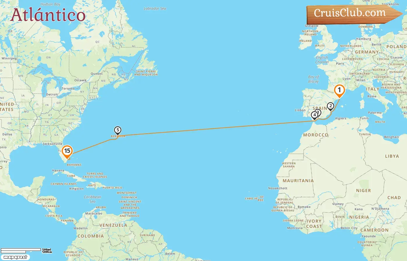 Crucero Transatlántico de Barcelona a Fort Lauderdale a bordo del barco Oosterdam con visitas a España, Gibraltar, Bermuda y EE. UU. durante 15 días