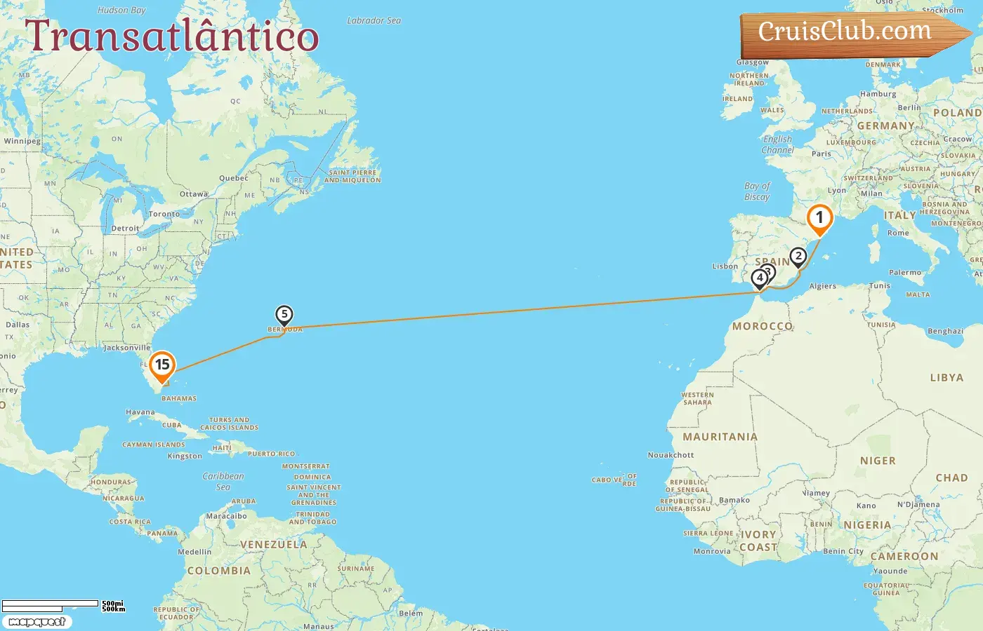 Cruzeiro Transatlântico de Barcelona para Fort Lauderdale a bordo do navio Oosterdam com visitas à Espanha, Gibraltar, Bermudas e EUA por 15 dias