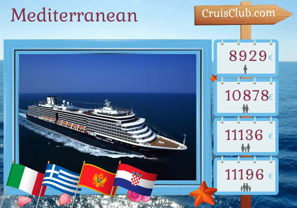 Cruise in the Mediterranean from Civitavecchia to Piraeus aboard Oosterdam ship with visits to Italy, Greece, Montenegro, Croatia, and Turkey for 22 days