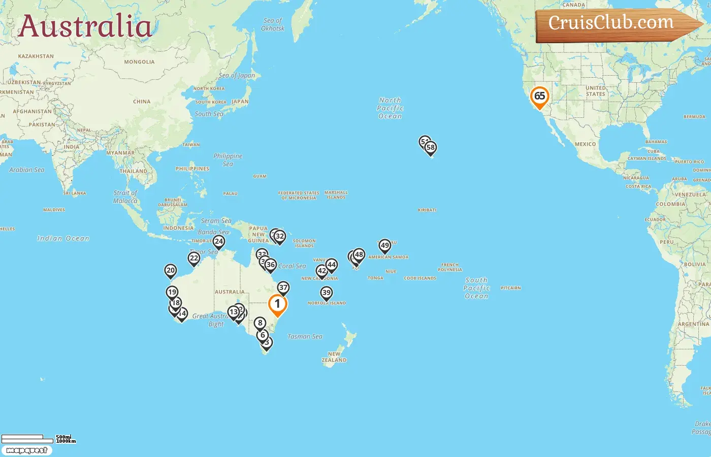 Cruise in the Australia from Sydney to Long Beach aboard Seabourn Quest ship with visits to Australia, Papua New Guinea, Norfolk Island, New Caledonia, Vanuatu, Fiji, Samoa, and USA for 65 days