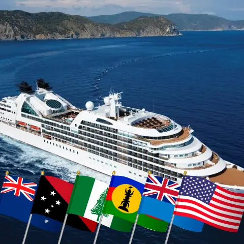 Cruise in the Australia from Sydney to Long Beach aboard Seabourn Quest ship with visits to Australia, Papua New Guinea, Norfolk Island, New Caledonia, Vanuatu, Fiji, Samoa, and USA for 65 days