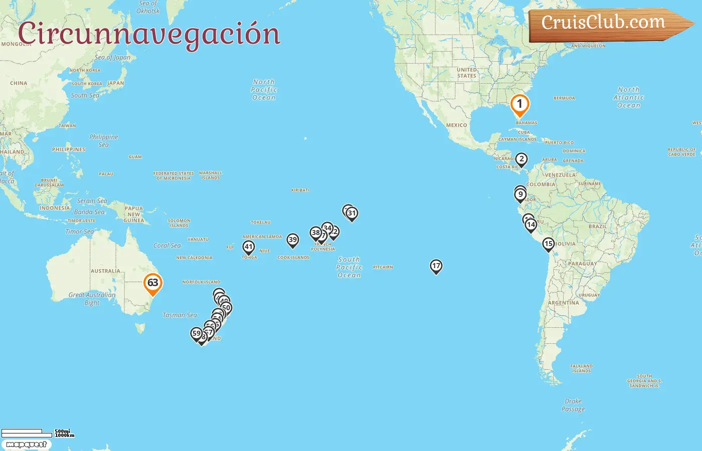 Crucero del Mundo de Miami a Sídney a bordo del barco Seabourn Quest con visitas a EE. UU., Panamá, Ecuador, Perú, Chile, Polinesia Francesa, Islas Cook, Tonga, Nueva Zelanda y Australia durante 63 días