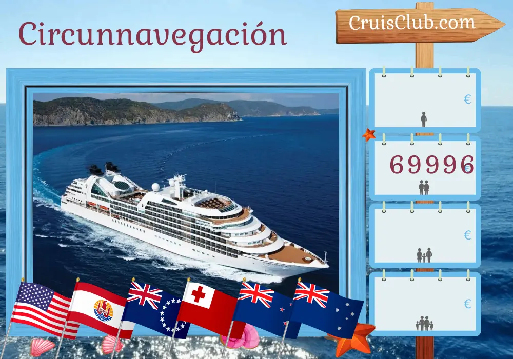 Crucero del Mundo de Miami a Sídney a bordo del barco Seabourn Quest con visitas a EE. UU., Panamá, Ecuador, Perú, Chile, Polinesia Francesa, Islas Cook, Tonga, Nueva Zelanda y Australia durante 63 días