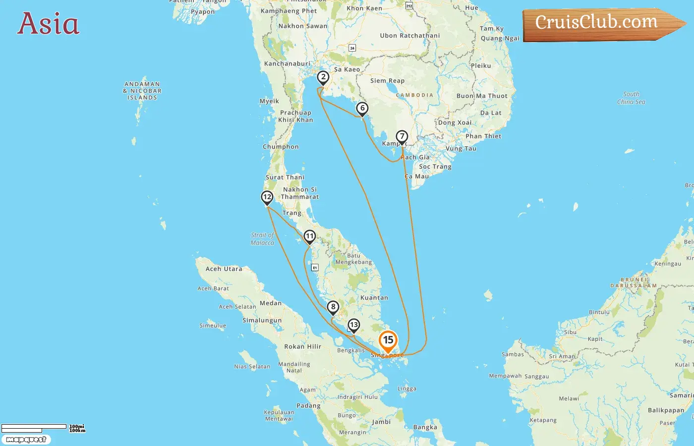 Cruise in the Asia from Singapore aboard Seabourn Encore ship with visits to Singapore, Thailand, Cambodia, and Malaysia for 15 days