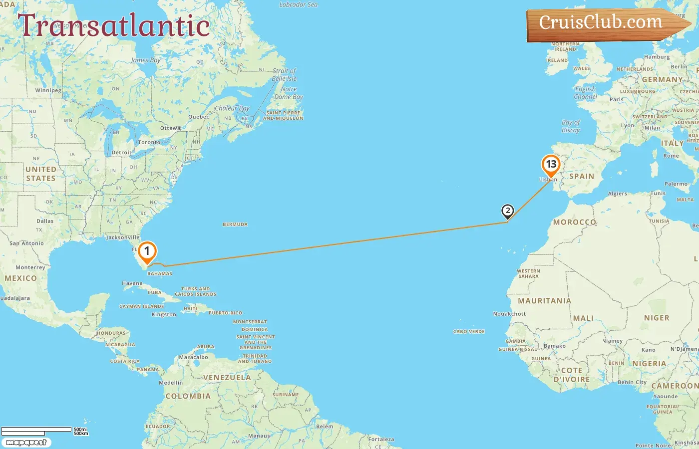 Cruise in the Transatlantic from Miami to Lisbon aboard Seabourn Quest ship with visits to USA and Portugal for 13 days