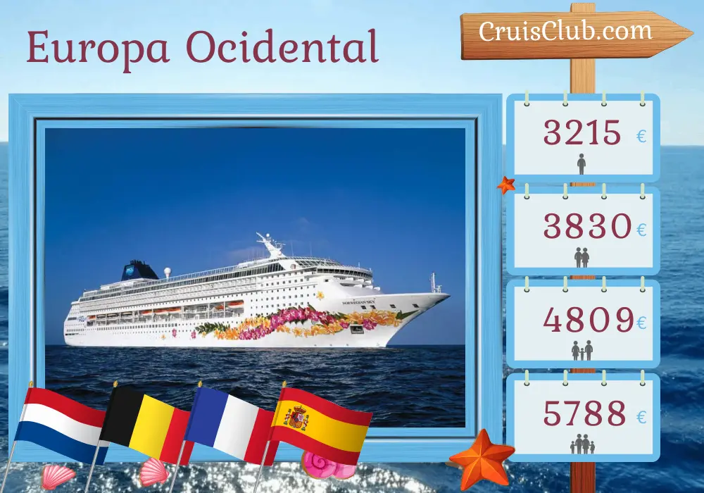 Cruzeiro no Oeste Europeu de Southampton para Barcelona a bordo do navio Norwegian Sky com visitas à Holanda, Bélgica, França e Espanha por 12 dias