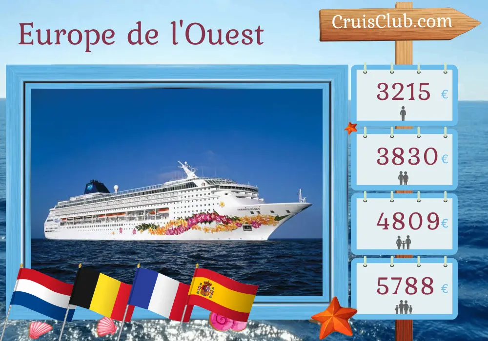 Croisière en Europe de l`Ouest de Southampton à Barcelone à bord du navire Norwegian Sky avec des visites aux Pays-Bas, en Belgique, en France et en Espagne pendant 12 jours