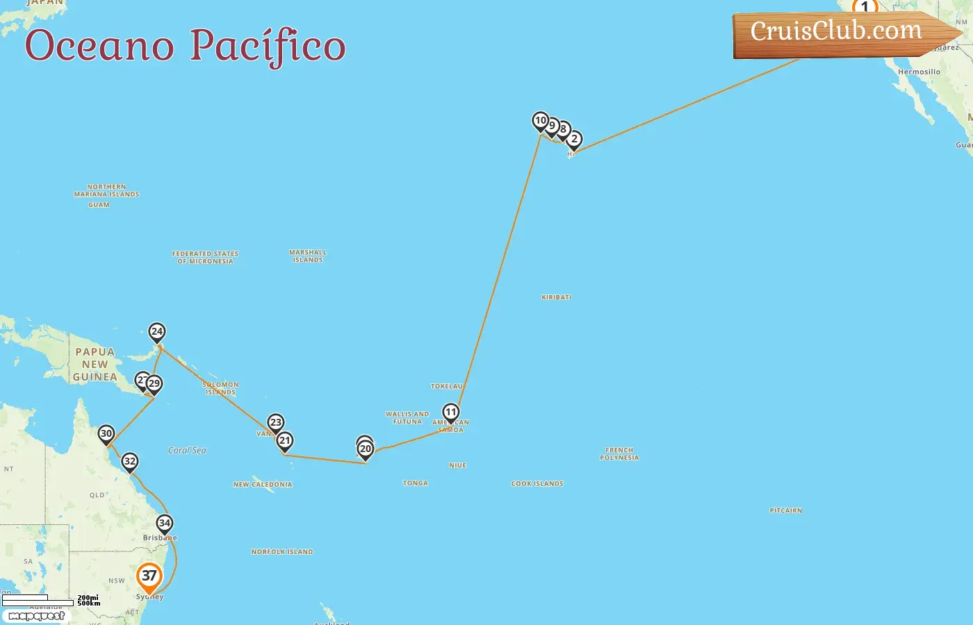 Cruzeiro no Oceano Pacífico de Los Angeles a Sydney a bordo do navio Coral Princess com visitas aos EUA, Fiji, Vanuatu, Papua Nova Guiné e Austrália por 37 dias