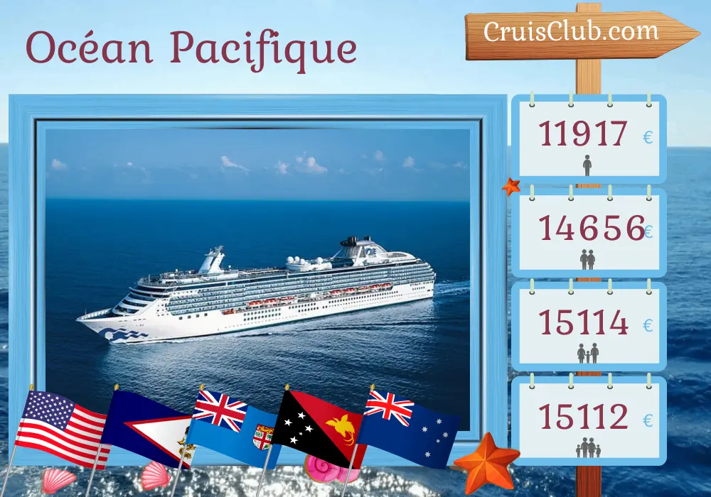 Croisière dans l`océan Pacifique de Los Angeles à Sydney à bord du navire Coral Princess avec des visites aux États-Unis, aux Fidji, au Vanuatu, en Papouasie-Nouvelle-Guinée et en Australie pendant 37 jours