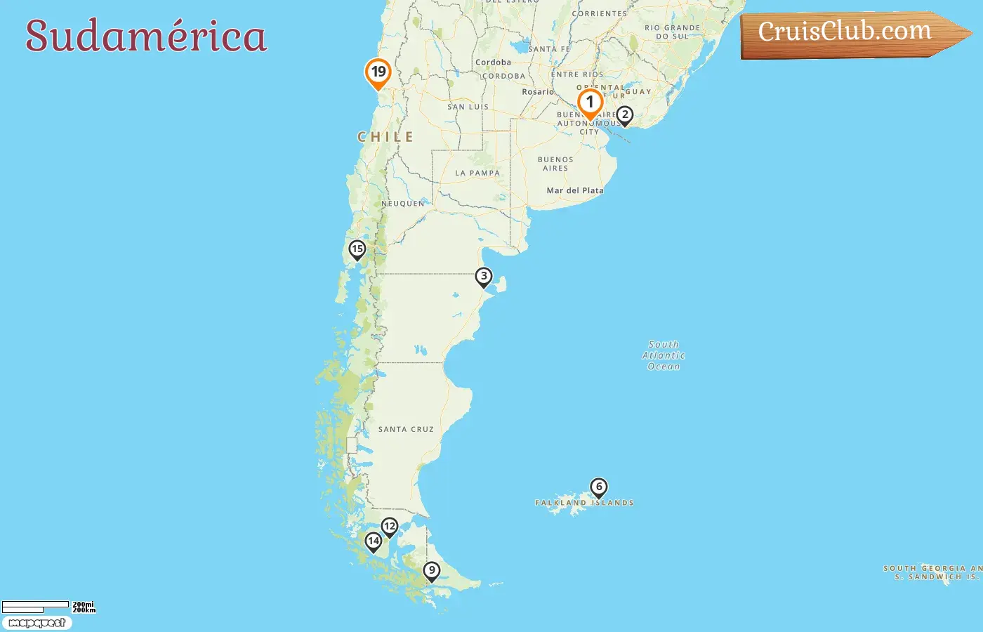 Crucero por Sudamérica de Buenos Aires a Valparaíso a bordo del barco Silver Whisper con visitas a Argentina, Uruguay, Islas Malvinas y Chile durante 19 días