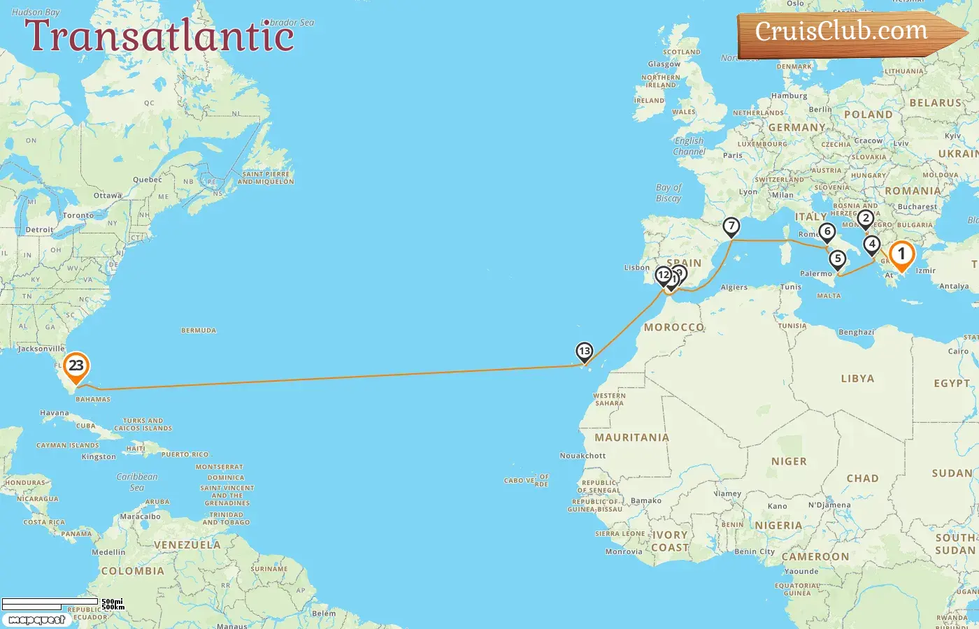 Cruise in the Transatlantic from Piraeus to Fort Lauderdale aboard Sun Princess ship with visits to Greece, Montenegro, Italy, Spain, Gibraltar, and USA for 23 days
