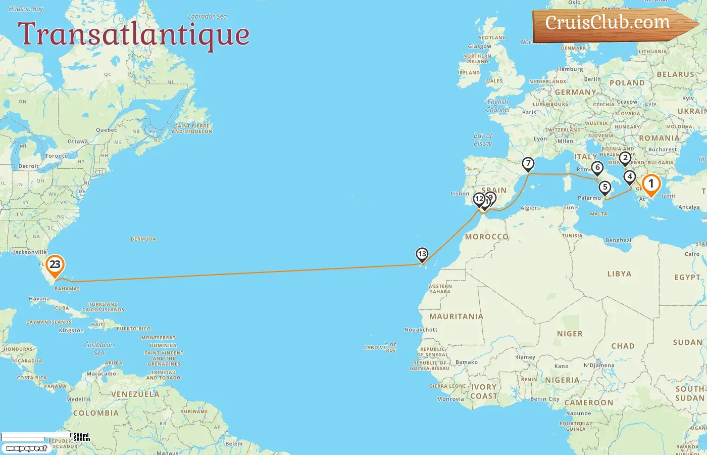 Croisière transatlantique de Pirée à Fort Lauderdale à bord du navire Sun Princess avec des escales en Grèce, au Monténégro, en Italie, en Espagne, à Gibraltar et aux États-Unis pendant 23 jours