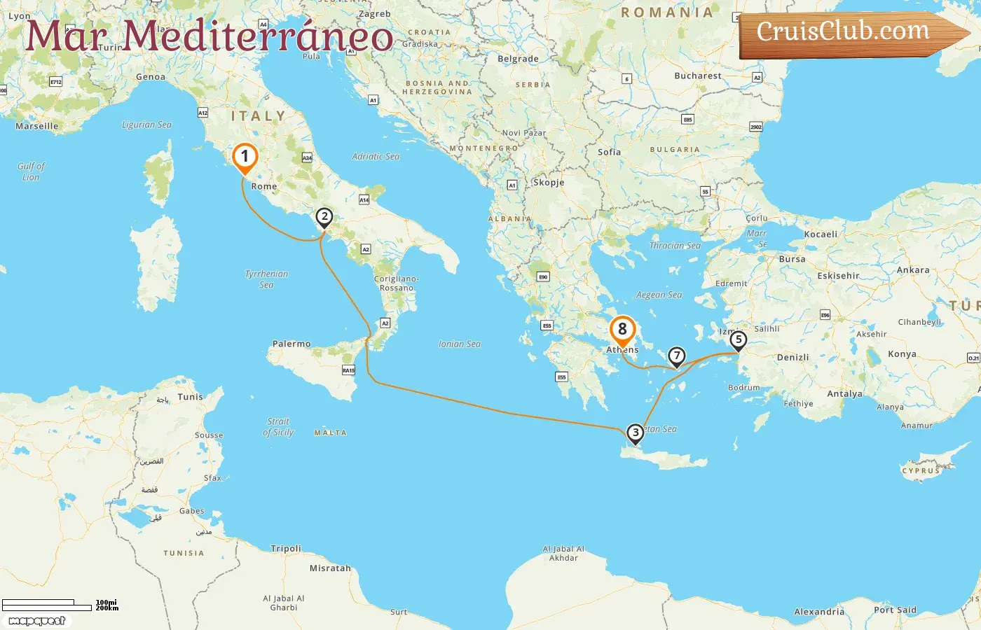 Crucero por el Mediterráneo desde Civitavecchia hasta El Pireo a bordo del barco Sun Princess con visitas a Italia, Grecia y Turquía durante 8 días