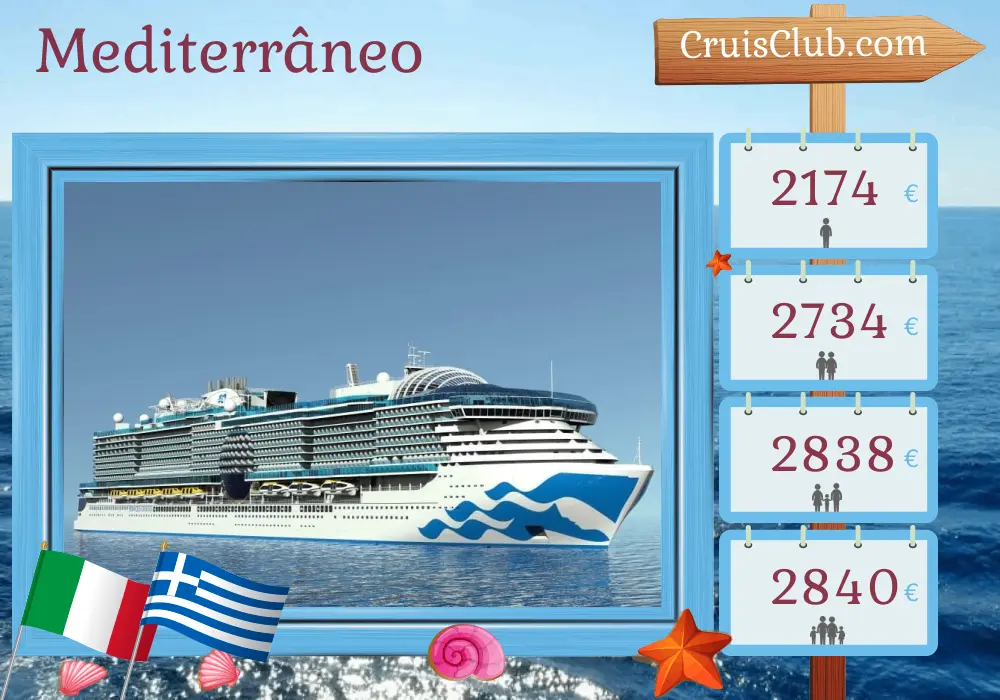 Cruzeiro no Mediterrâneo de Civitavecchia para Pireu a bordo do navio Sun Princess com visitas à Itália, Grécia e Turquia por 8 dias